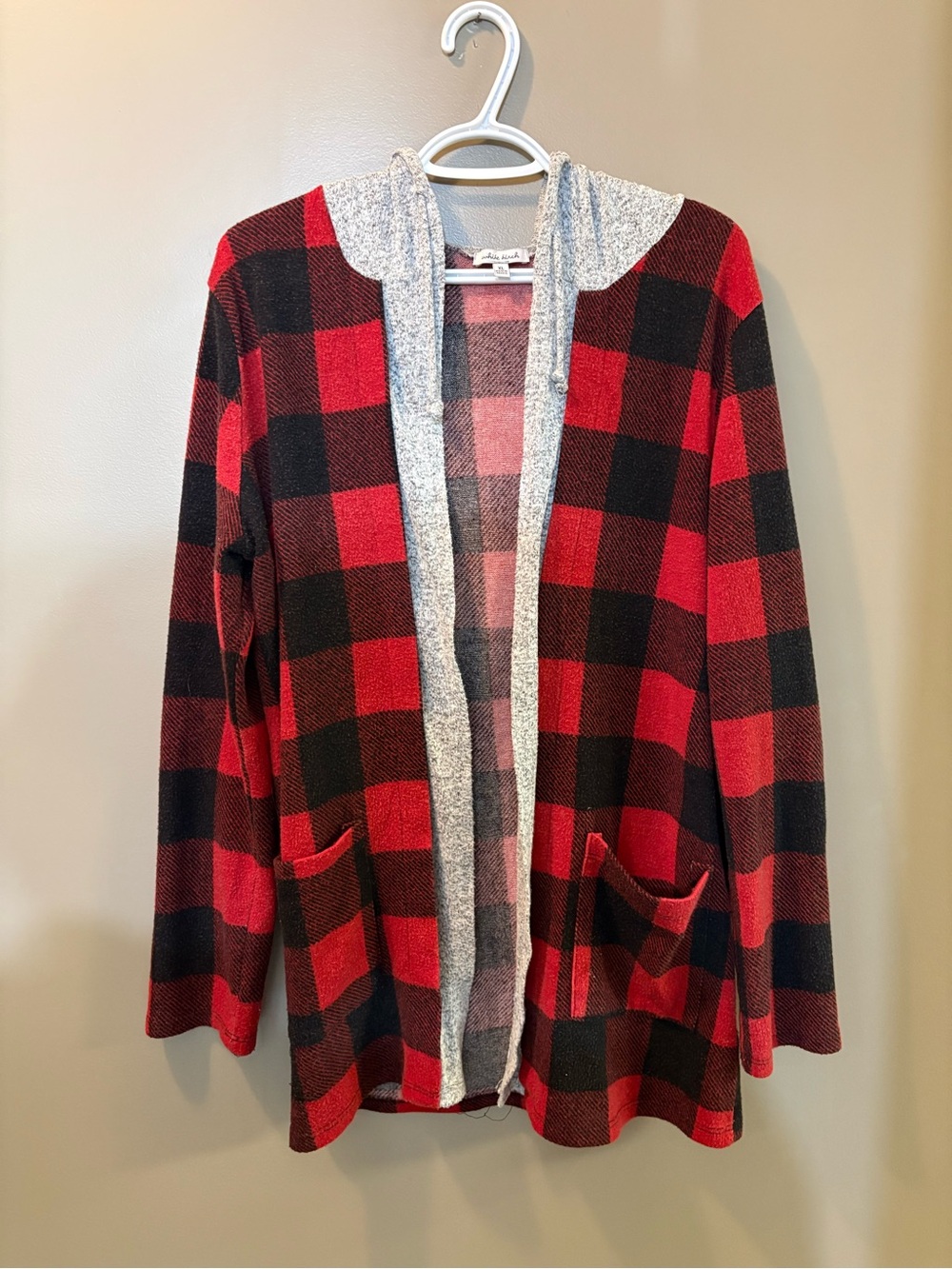 Plaid Open-Front Hooded Cardigan - Red & Black